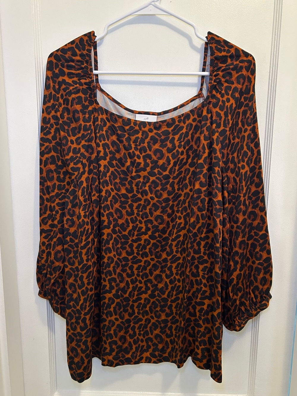 J. Jill Brown & Black Leopard Satin Square Neck Top 3/4 Sleeves Womens Size XL